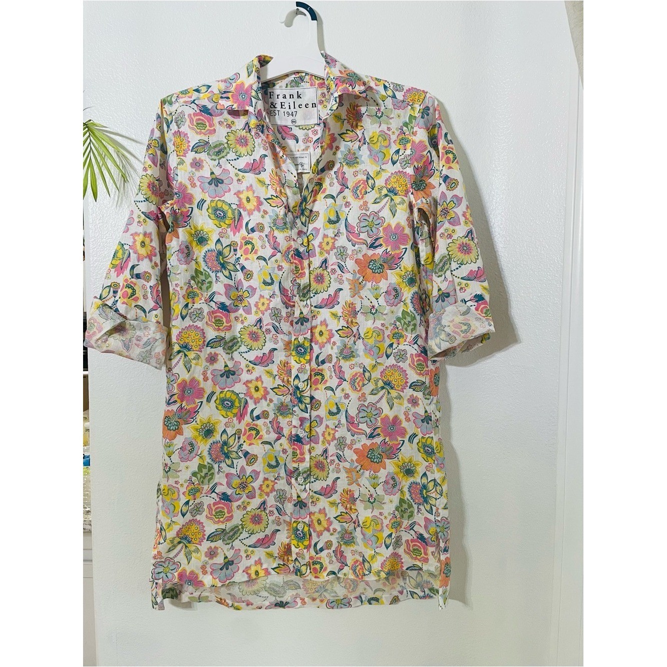 Frank and Eileen Floral Linen Hunter Step Hem Shirtdress Size XXS