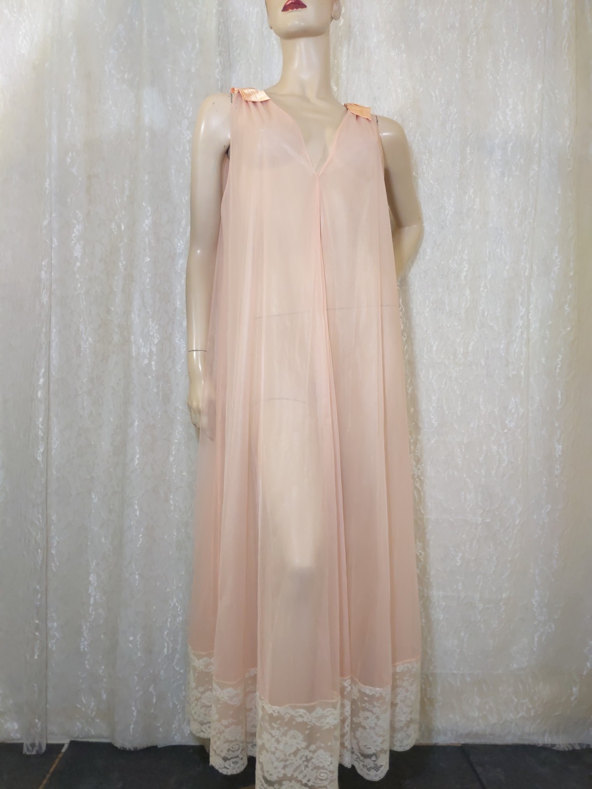 Vintage Double Layer Shear Chiffon Satin Bow Luxurious Lace Peignoir Robe M L XL