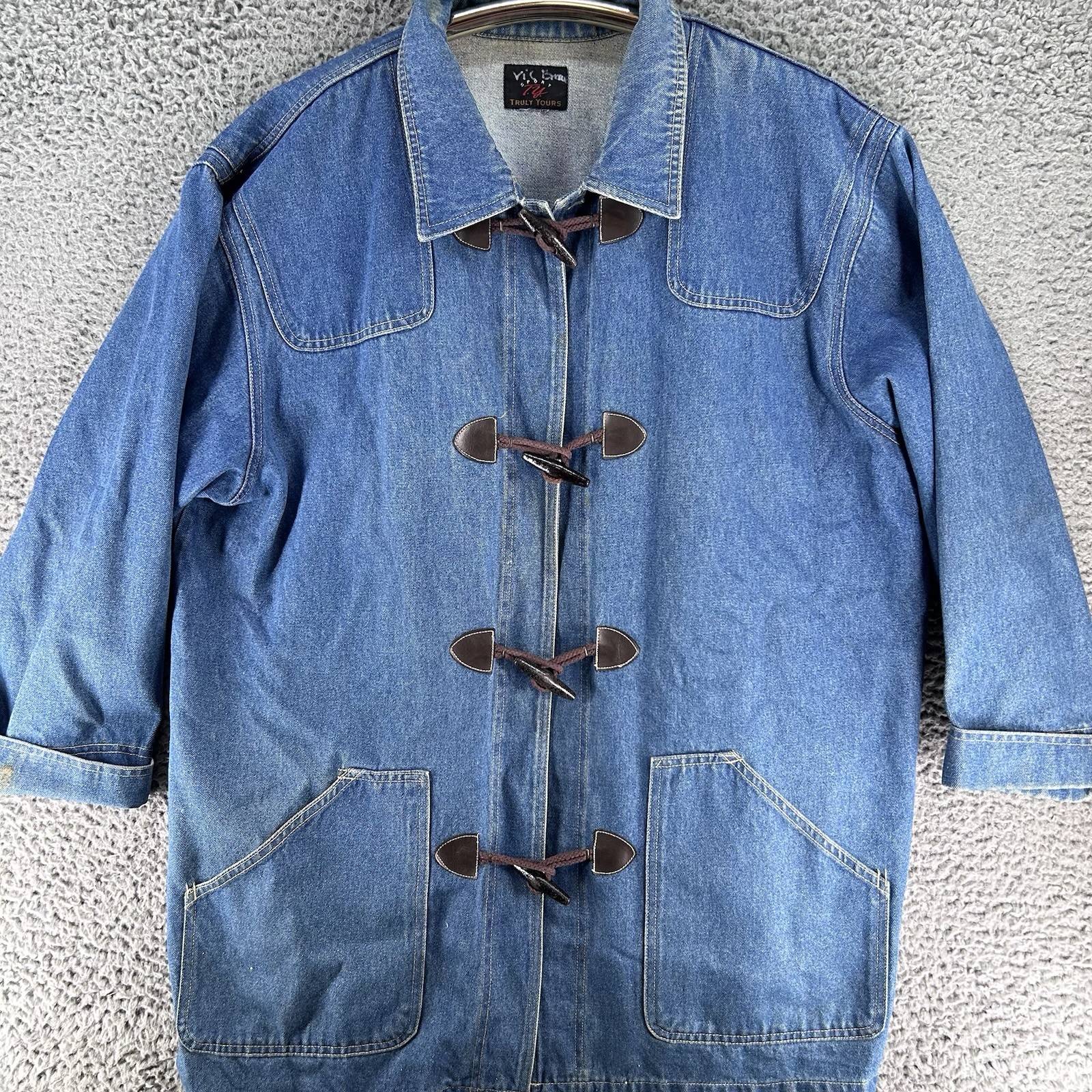 Vintage 90s Long Denim Chore Jacket Size 2X Everyday Toggles Boho Cottagecore