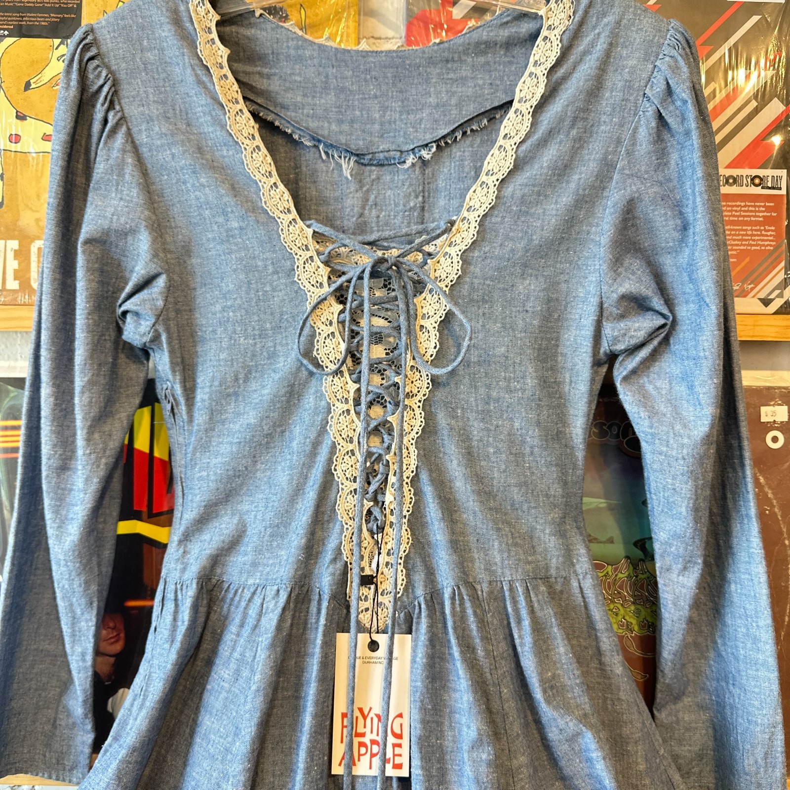 Vintage Gunne Sax Chambray Lace Up Dress Midi Size Small Full Skirt Prairie Blue