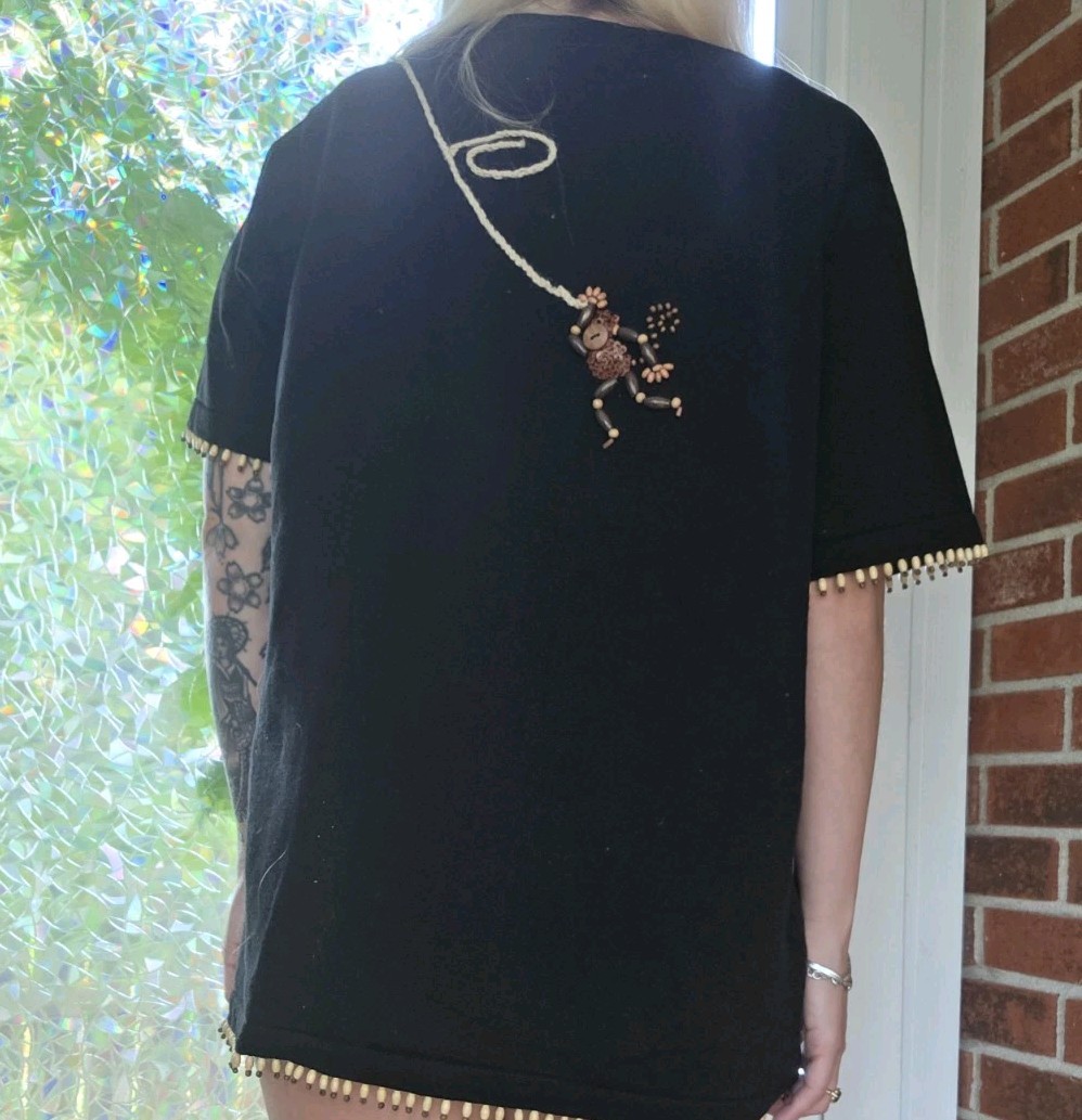 Vintage Eclectic Hand Embroidered Beaded Button Top Size L Artsy Boho Monkey