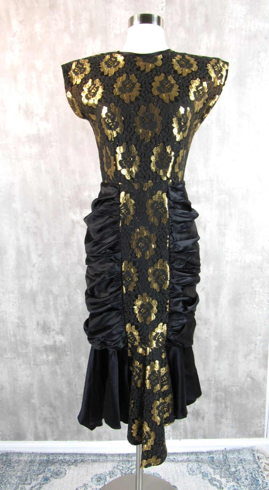 Vintage 80s Black Satin Metallic Gold Lace Cocoon Ruched Mermaid Midi Dress Prom