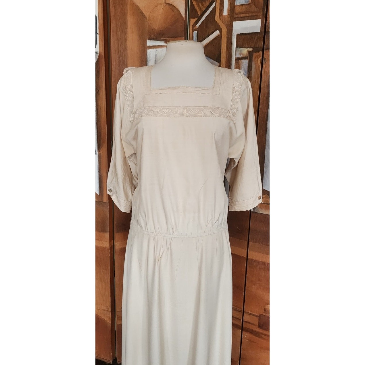 Vintage 80s Cream Silk Dress Lace Trim Edwardian Style Norma Walters