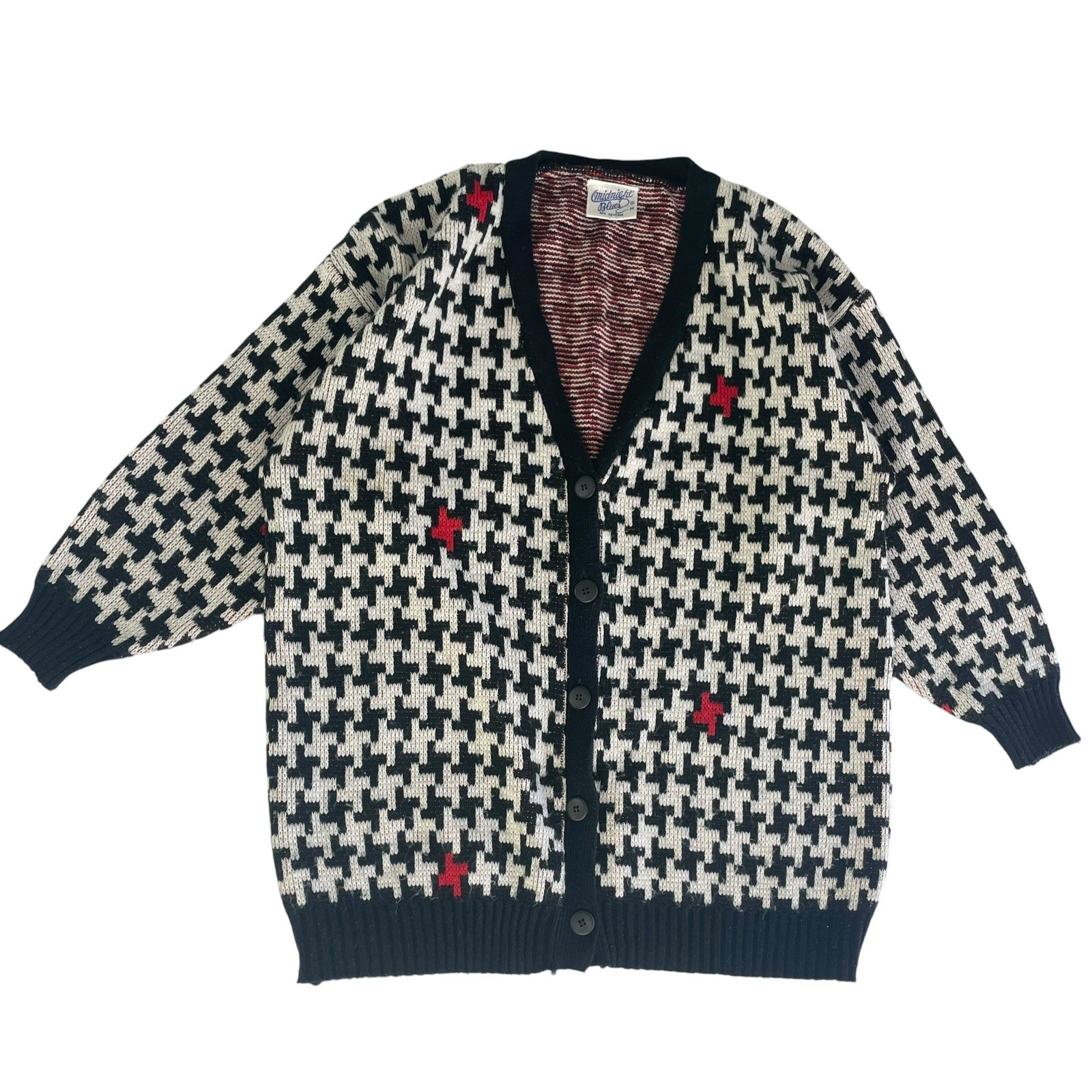 Vintage 80s Cardigan Sweater Oversized Medium FLAWS Eclectic Funky Houndstooth