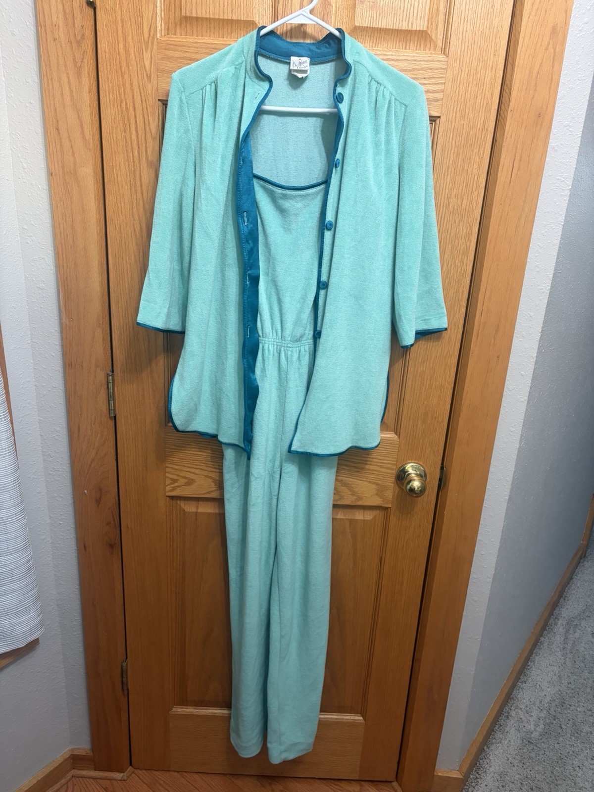 VTG 1970s De Weese Design Mint Aqua Terry Velour 2pc Jumpsuit Jacket Set Small
