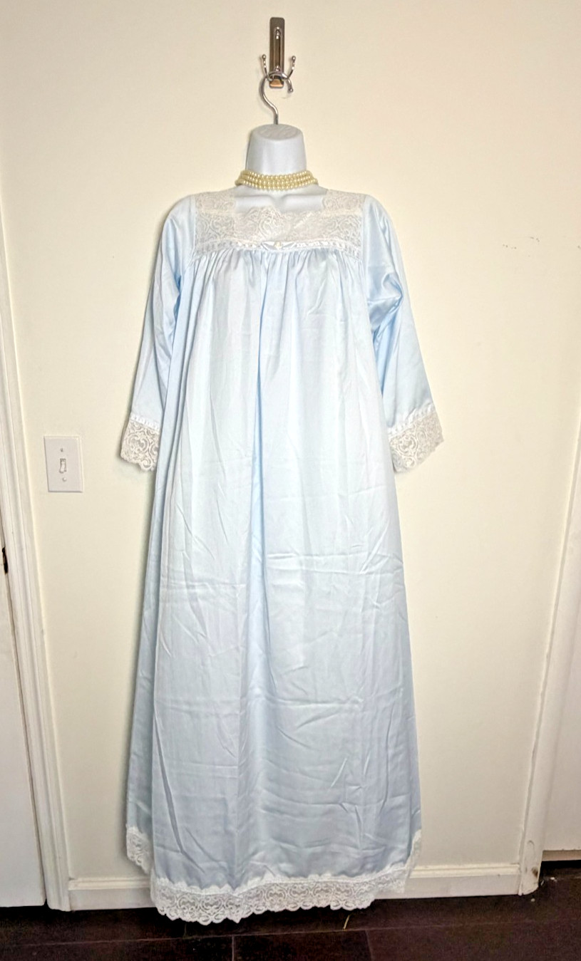 70s Vintage Christian Dior Pastel Blue Lace Trim House Dress Maxi Nightgown M