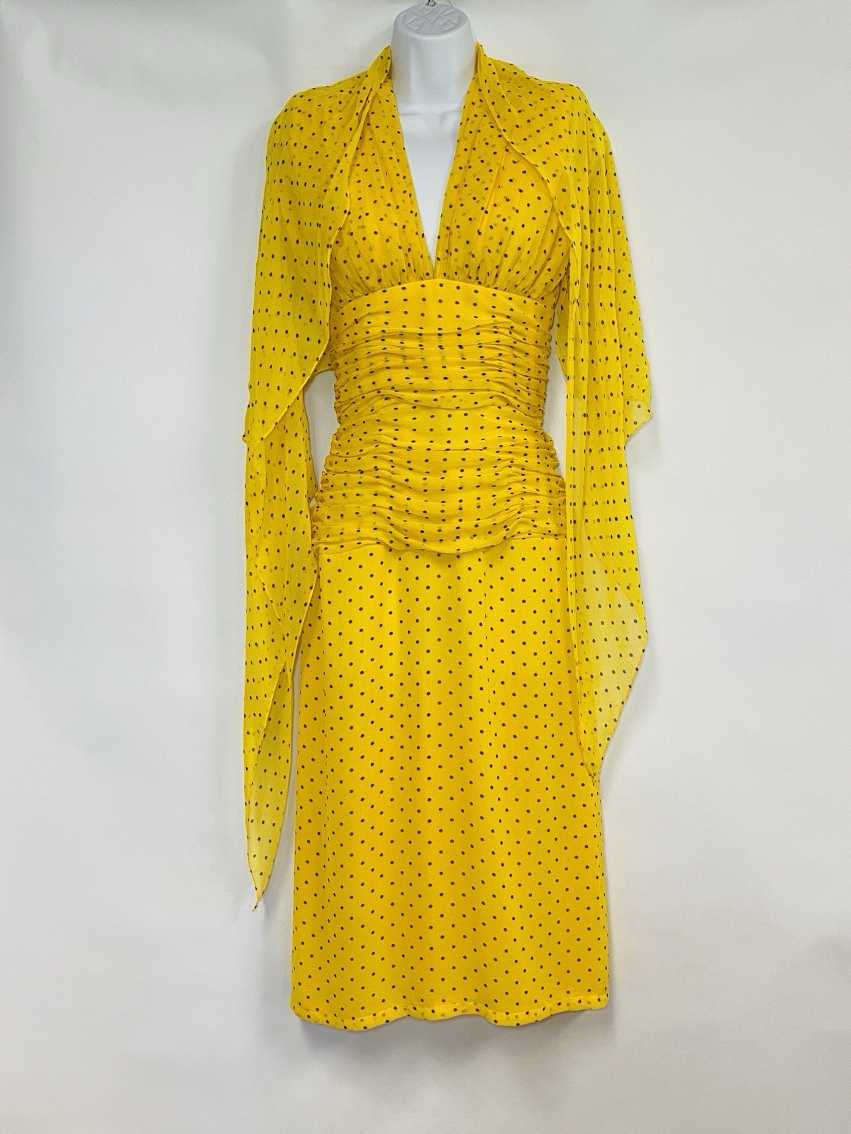 WAYNE CLARK Vtg 80s Yellow Brown Polka Dot Chiffon Draped Dress Floaty Scarf W30