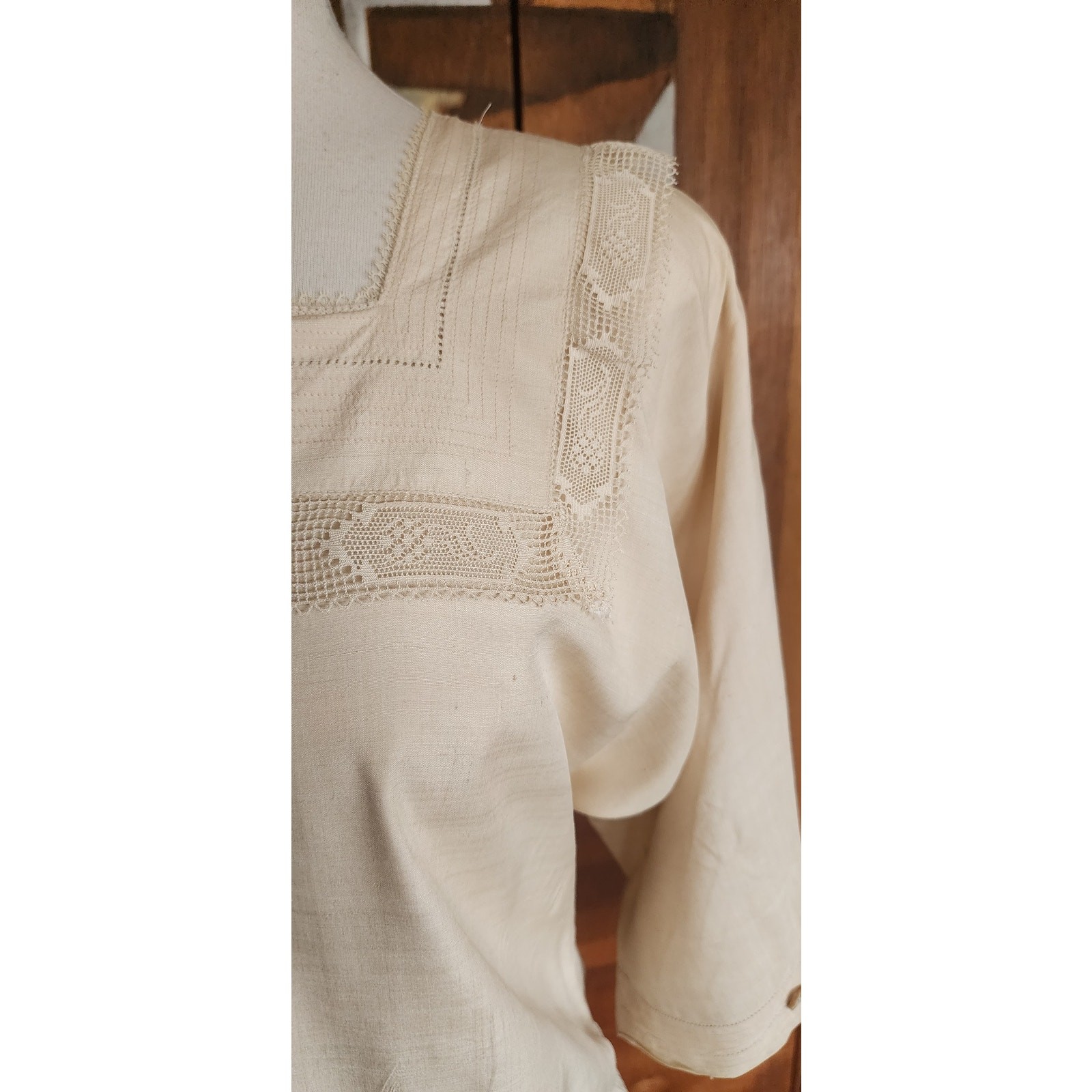 Vintage 80s Cream Silk Dress Lace Trim Edwardian Style Norma Walters
