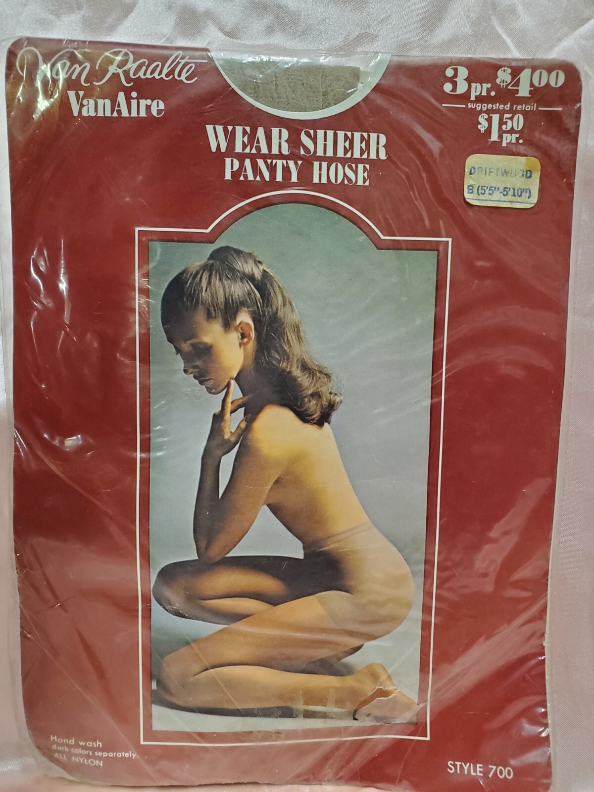 Vtg VAN RAALTE VanAire Wear Sheer Nylon Panty Hose Sz B DRIFTWOOD 70s Model