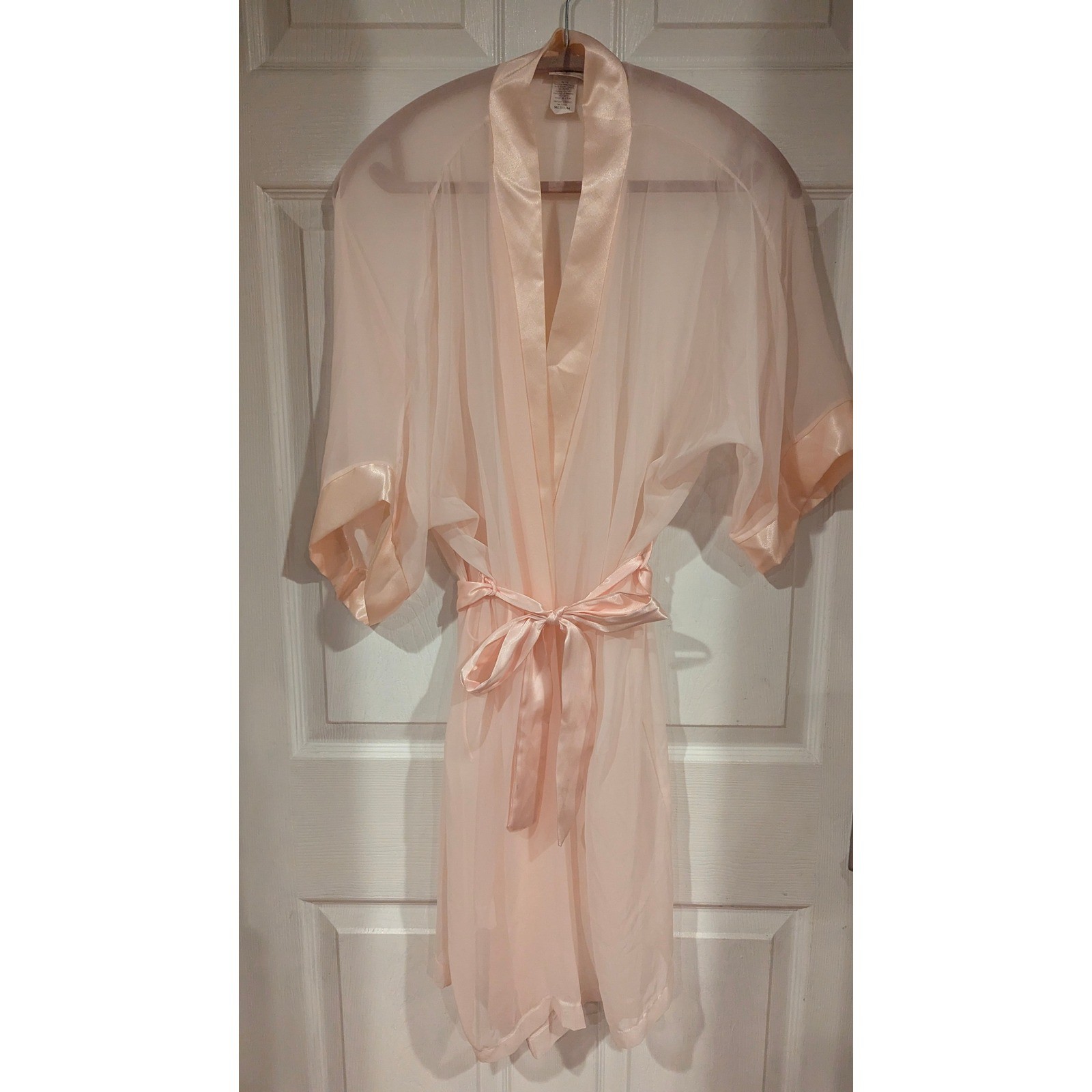 Cine Star Vintage Sheer Robe Medium Peach Satin Trim Belted Glamour Coquette