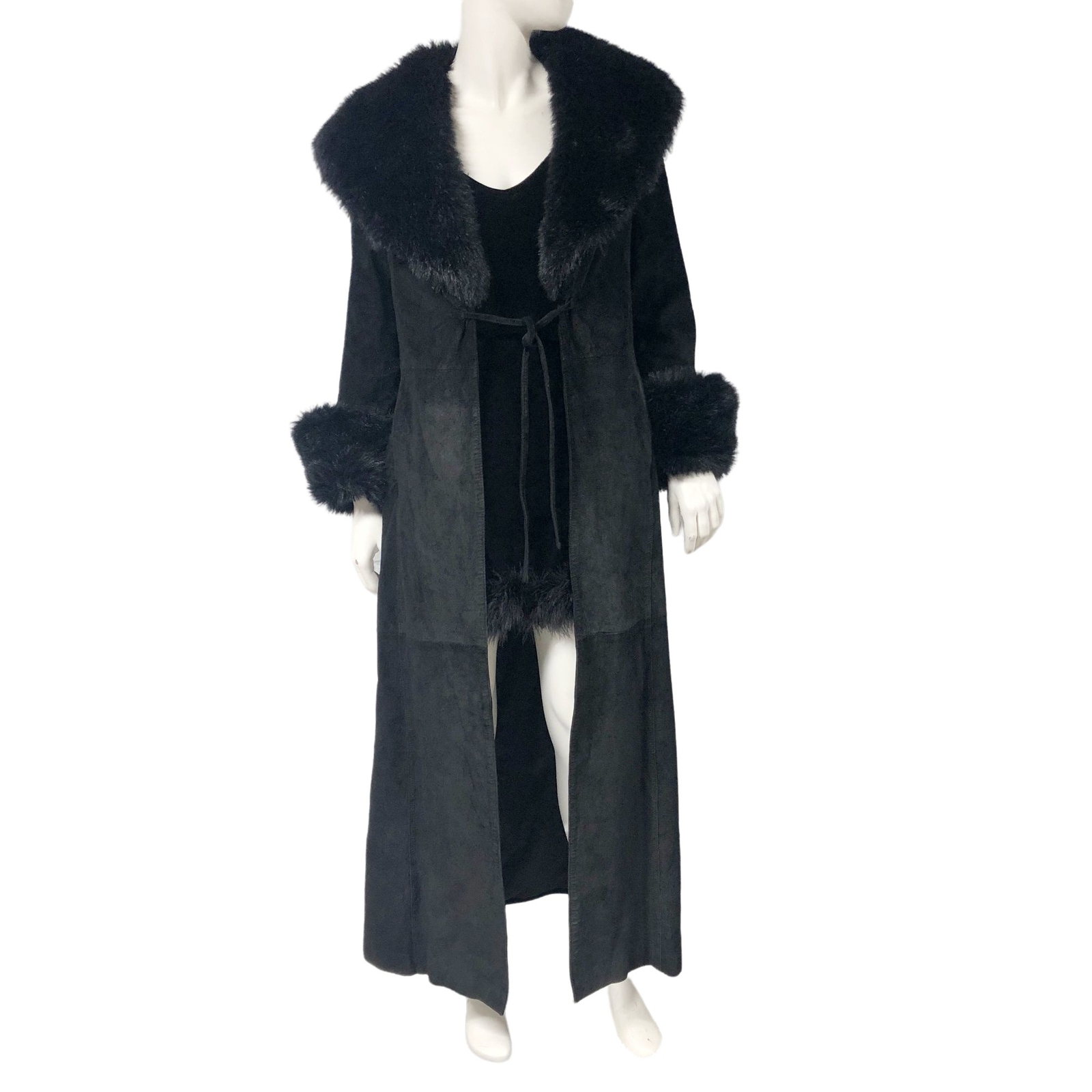Vintage Y2K 2000s Express Black Suede Faux fur Long Coat Duster Size 5/6