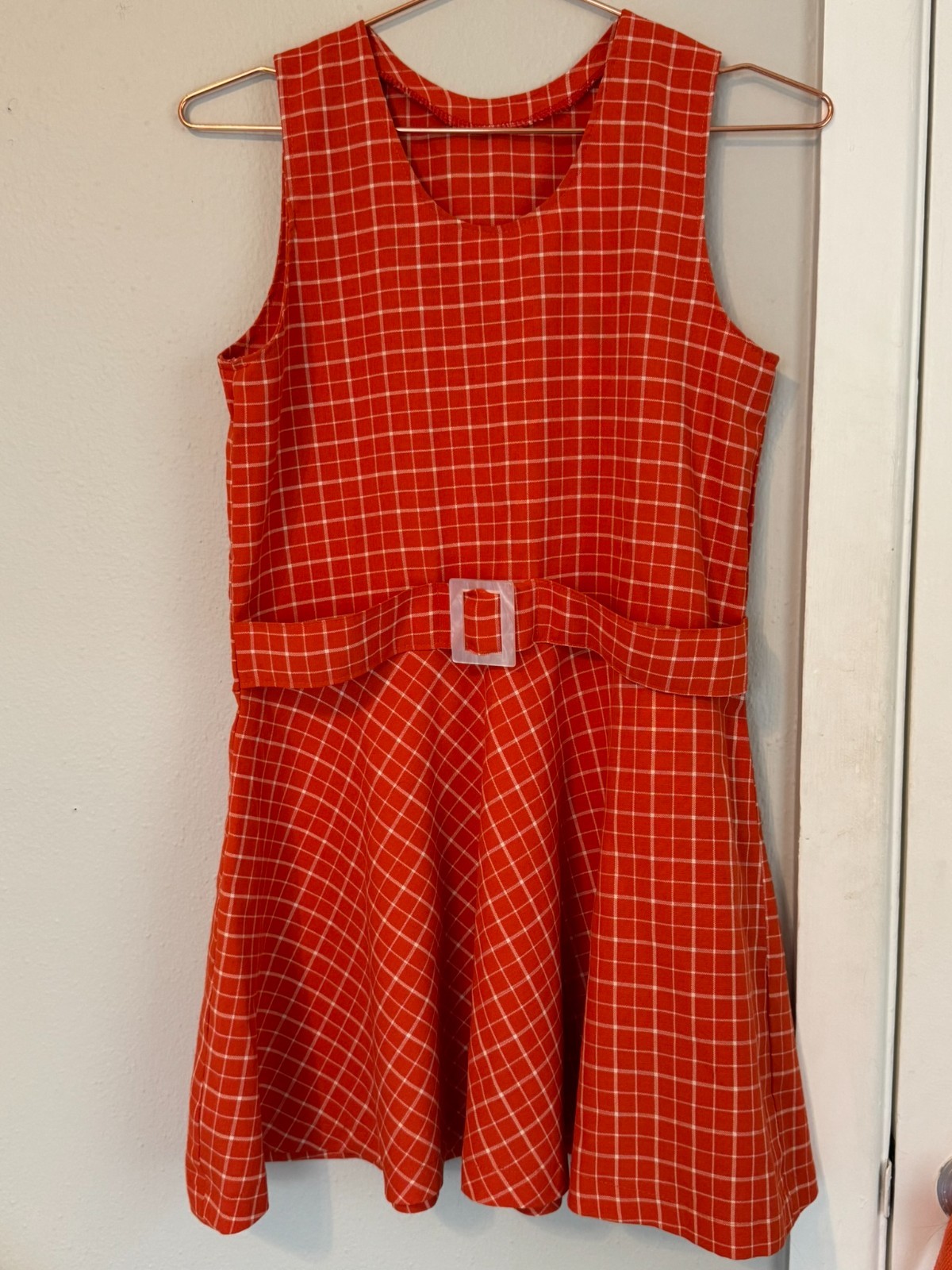 handmade 60&rsquo;s orange mod grid dress with acetate belt size xs/s