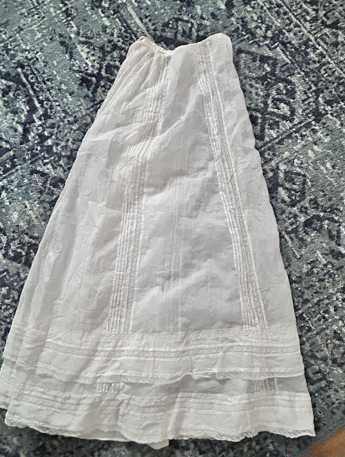 ANTIQUE FRENCH LONG EDWARDIAN WHITE COTTON PETTICOAT SKIRT 22&Prime; WAIST 41&Prime;L