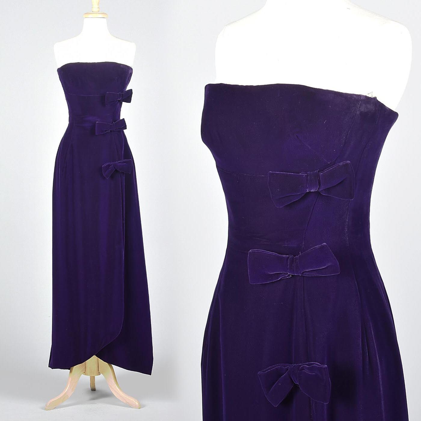 XS Vintage 1960s 60s Purple Velvet Shelf Bust Formal Dress Strapless Frank Usher