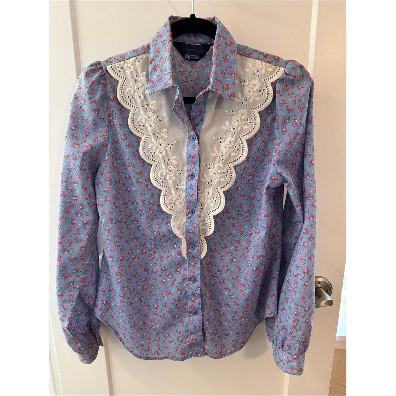 Vintage Panhandle Slim Floral Western Blouse Eyelet Lace Made USA Size 10