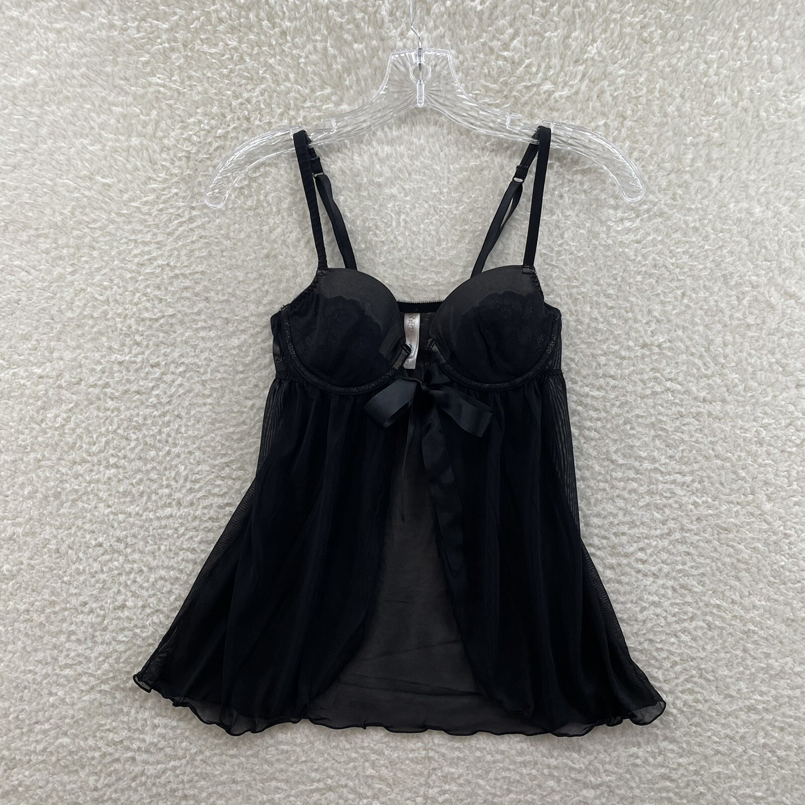Y2K Vintage Gilligan O&rsquo;Malley Babydoll Slip Small Black Mesh Bow Padded Cupped