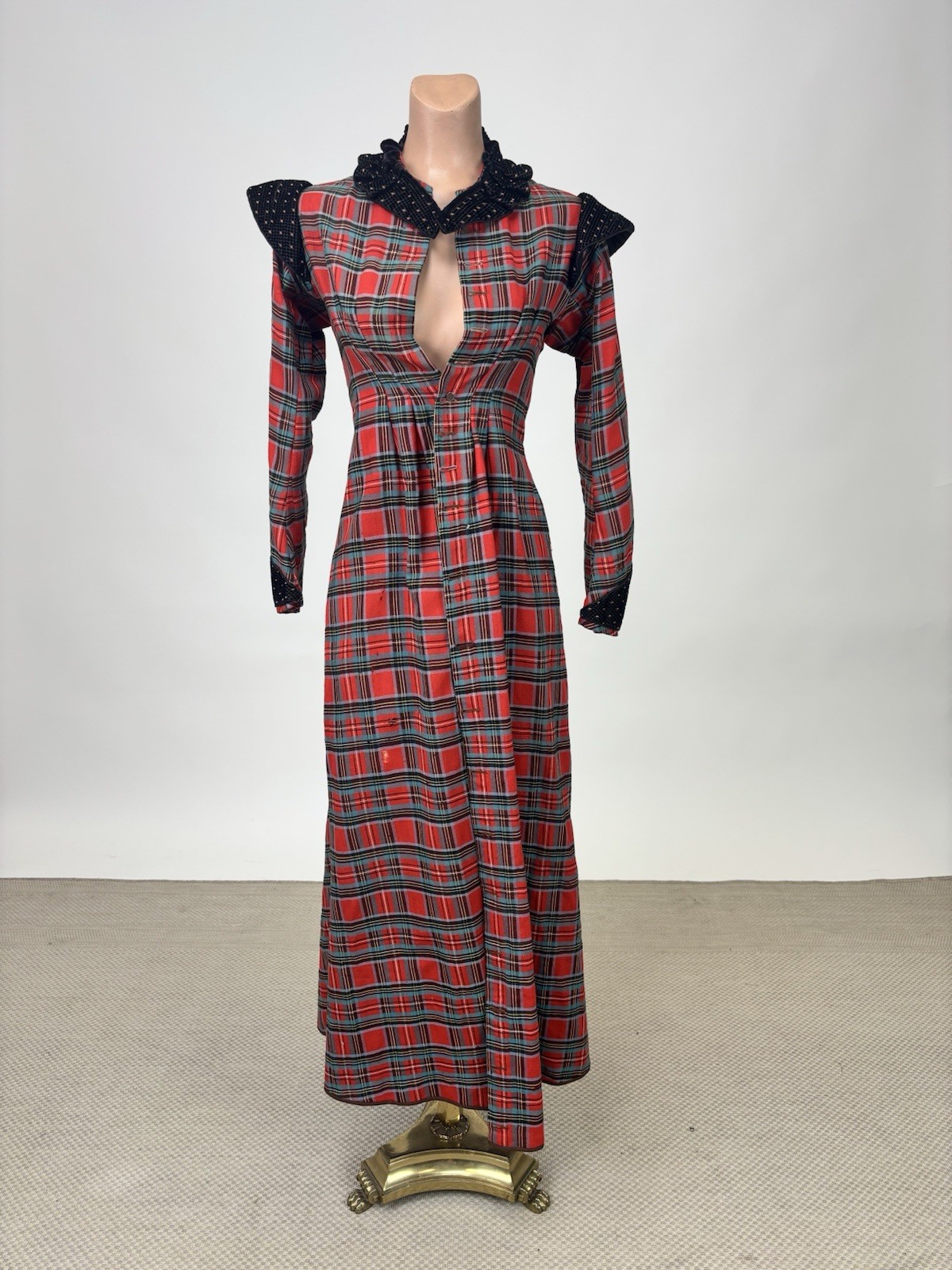 Antique Victorian Walking Coat Plaid Red Green Black Yellow Burnout Velvet AS IS