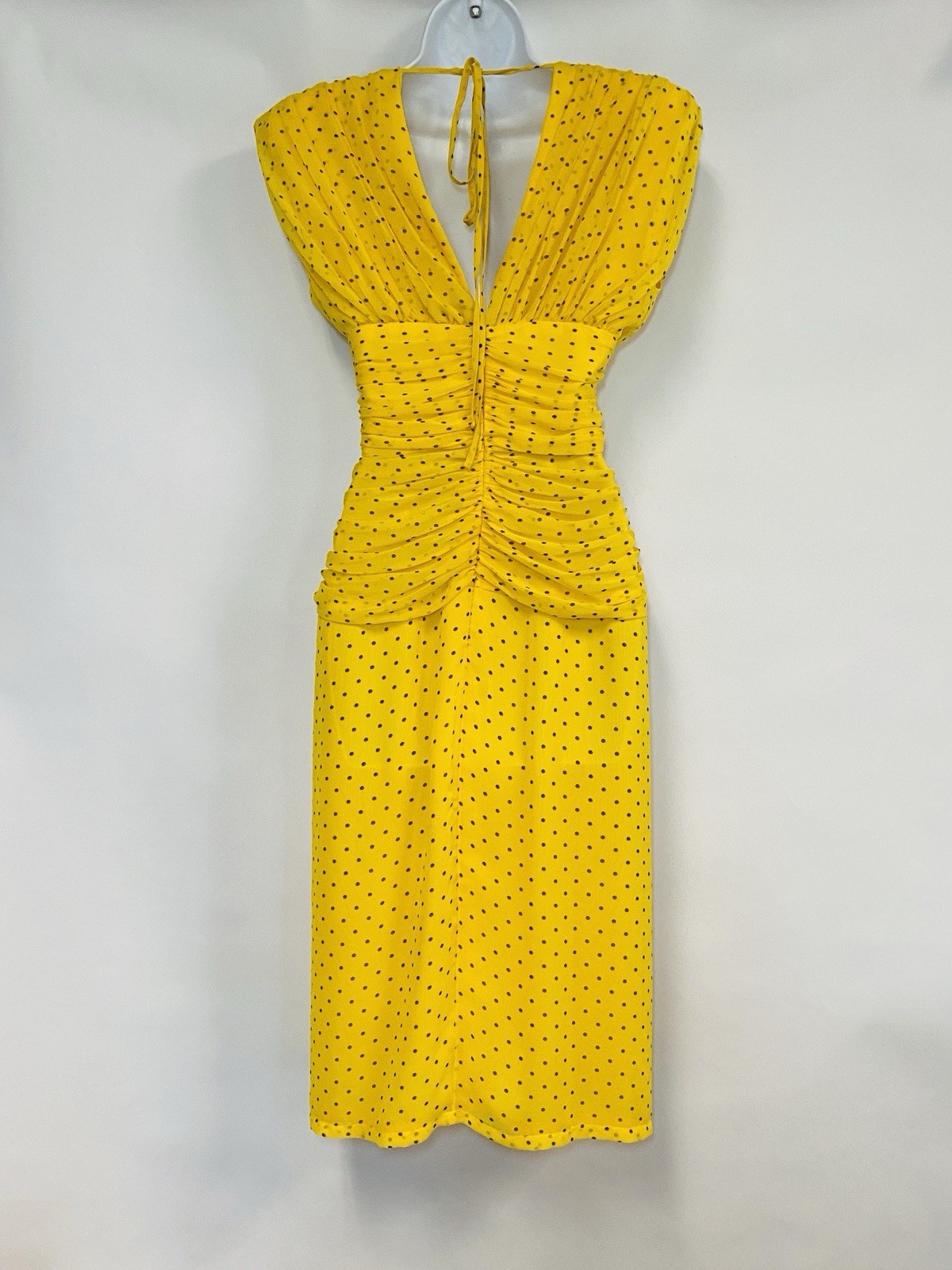 WAYNE CLARK Vtg 80s Yellow Brown Polka Dot Chiffon Draped Dress Floaty Scarf W30