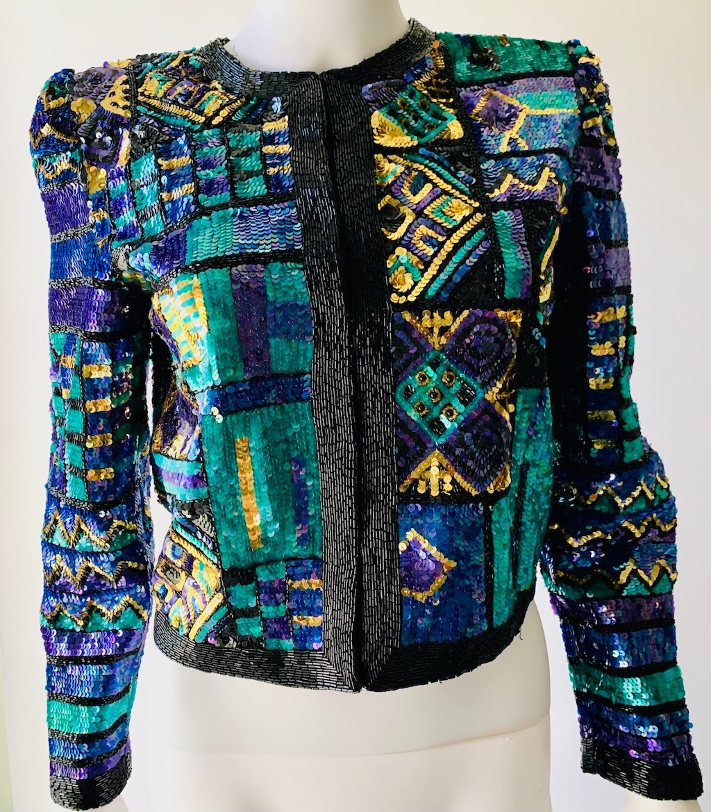 Vintage Jacket Lawrence Kazar Blue Green Silk Sequin Beaded Festival Party SMALL