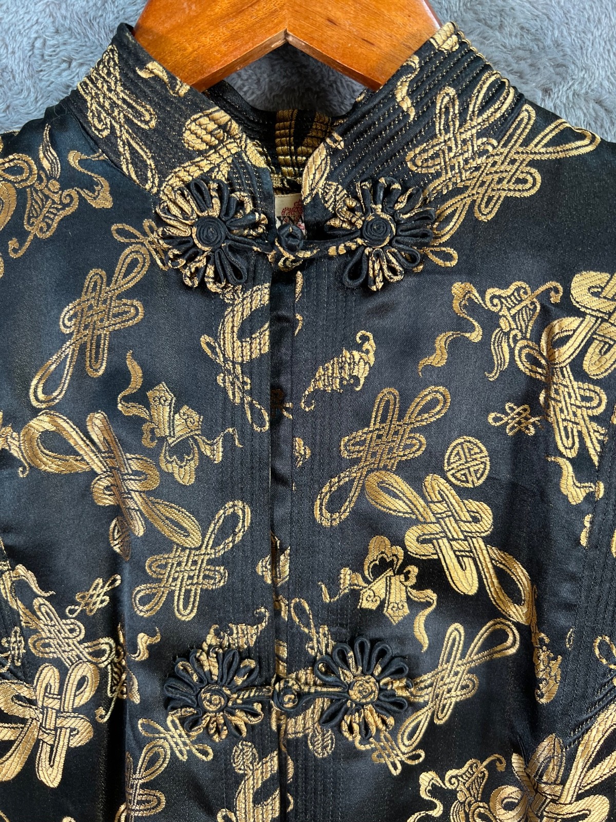 Dynasty Hong Kong Silk Jacket 16 20×28 Black Gold Mandarin Frog Closure Vtg 60s*