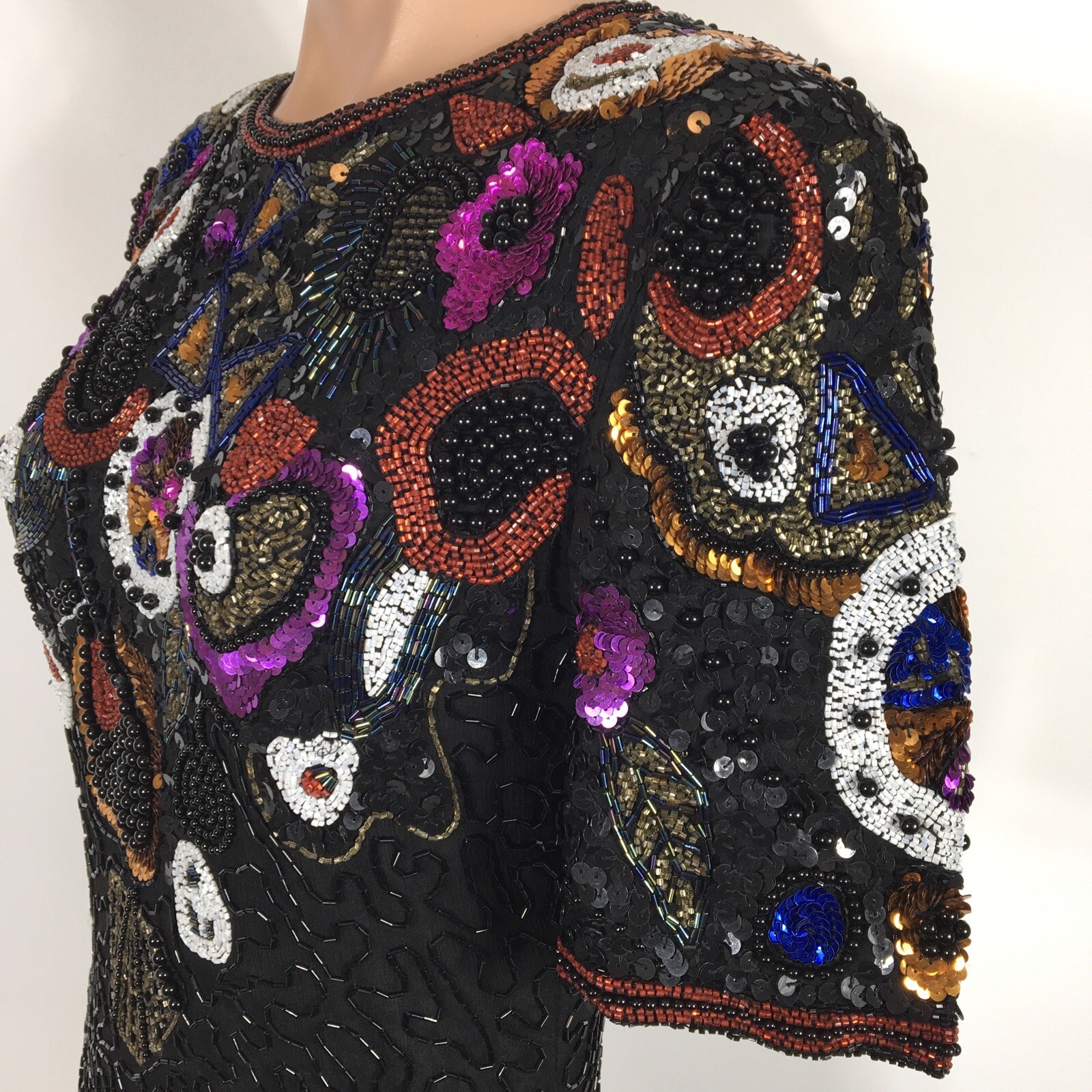 Vtg 80s Black Floral Silk Sequin Beaded Cocktail Party Gown Glam Dress P S EUC