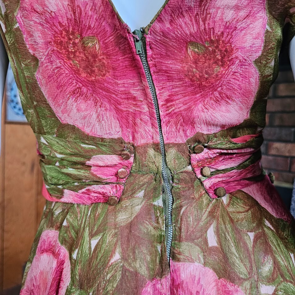 Vtg 40s Chiffon Pink & Green Impressionist Floral Full Swing Skirt w/ Bolero M