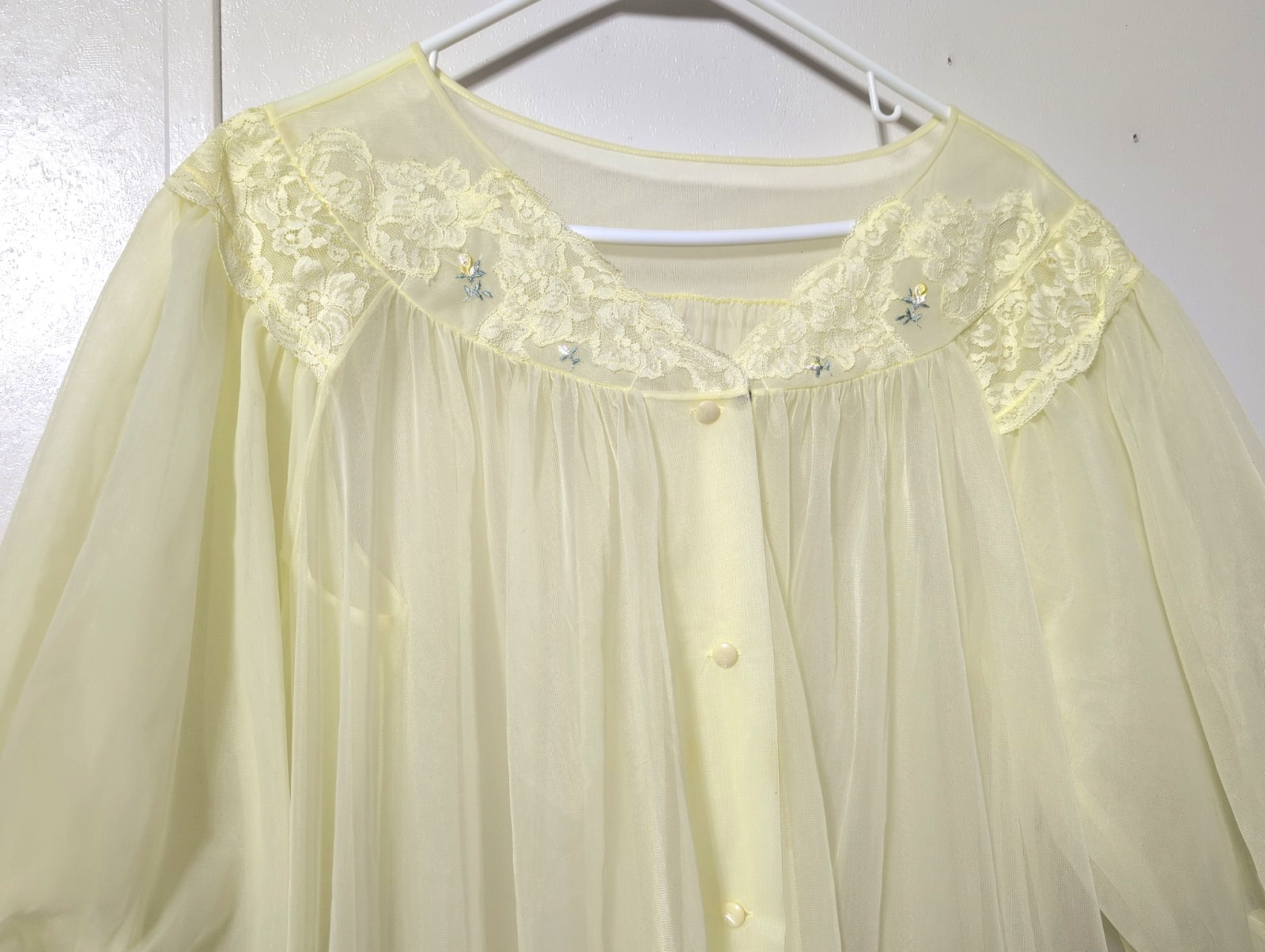 Vtg Shadowline Yellow Nylon Lace Chiffon Peignoir Robe Sheer Sz Large