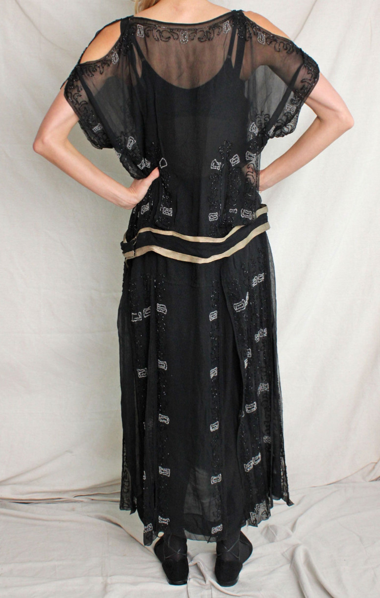 1920s vtg sheer silk chiffon beaded lamé ribbon dropwaist antique dress black