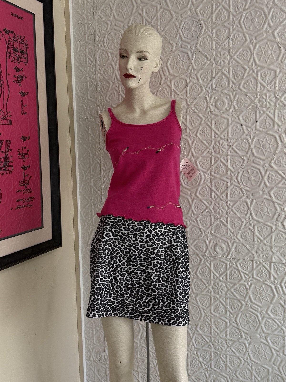 1990s black & white animal print mini skirt-vampy-vintage-USA made stretch-