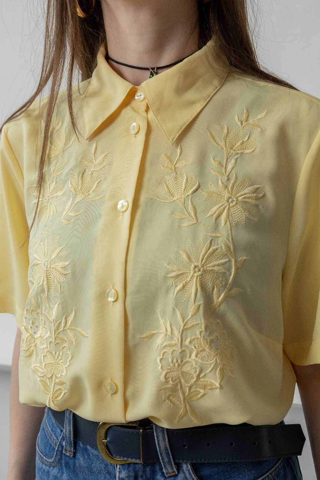 Vintage 90s Butter Yellow Embroidered Blouse Tonal Floral Cottagecore Coquette L