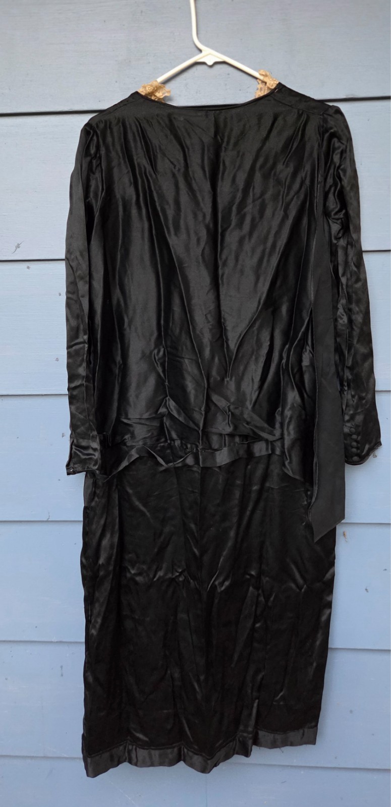 Antique 1920s Black Silk Satin Flapper Drop Waist Dress Tapestry Lace Collar
