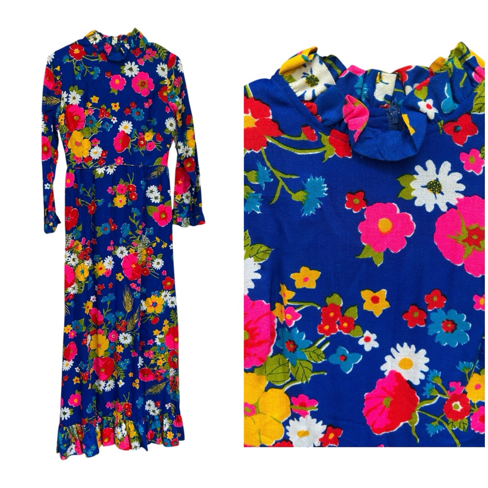 1970s Vintage Empire Waist Flower Power Hippie Hostess Ruffled Maxi Dress Soze 5