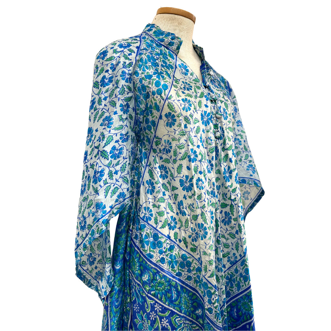 Vintage 1970s Zodiac Silk Cerulean Blue Midi Dress Caftan with Angel Sleeves