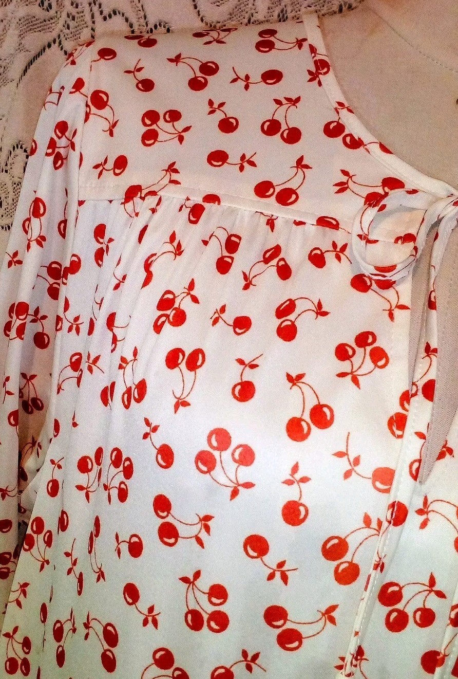 VTG 70s Novelty Cherries Print Midi Secretary Dress w Skinny Bow Elastic Waist M