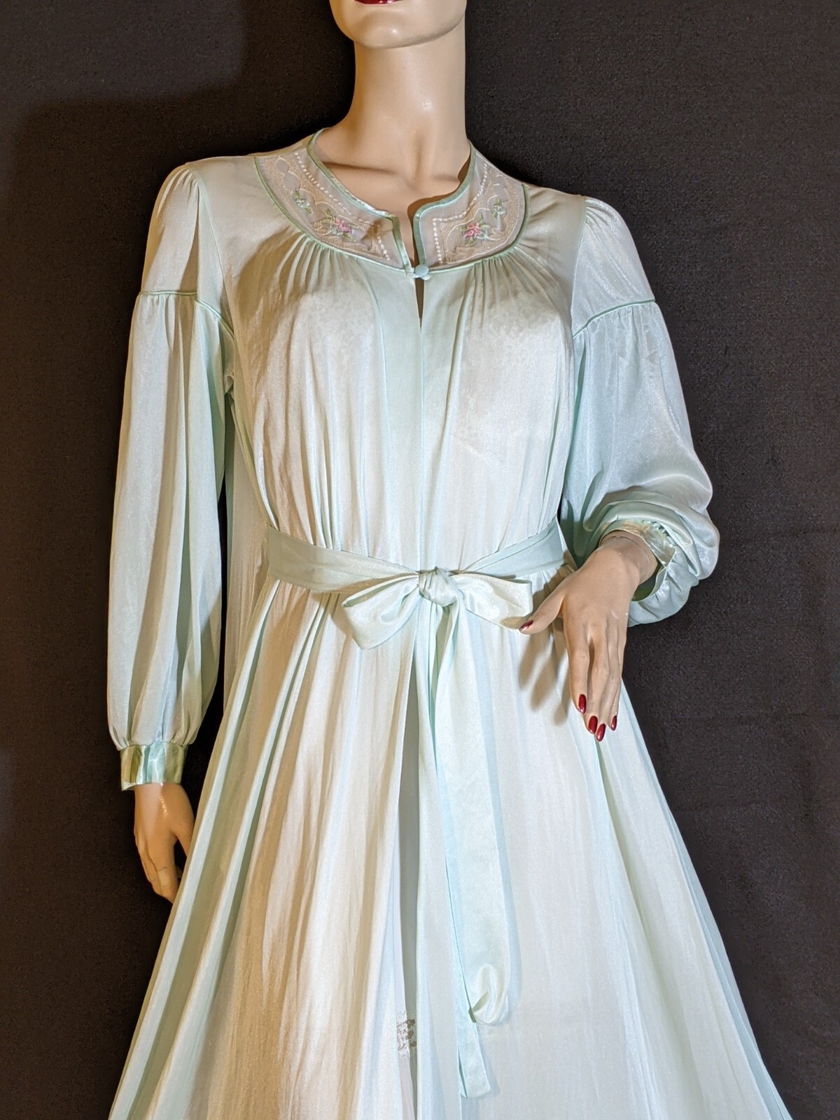 Vintage SEARS Shimmery Green Draped Back Dress Gown Peignoir Long Nylon Robe M