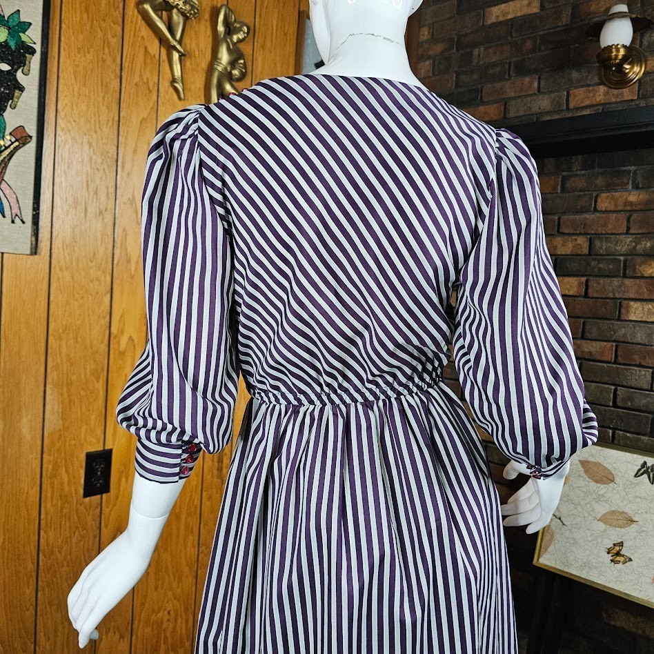 Vintage 80s Contrast Stripe Puff Balloon Sleeve Secretary Office Day Dress XS/S