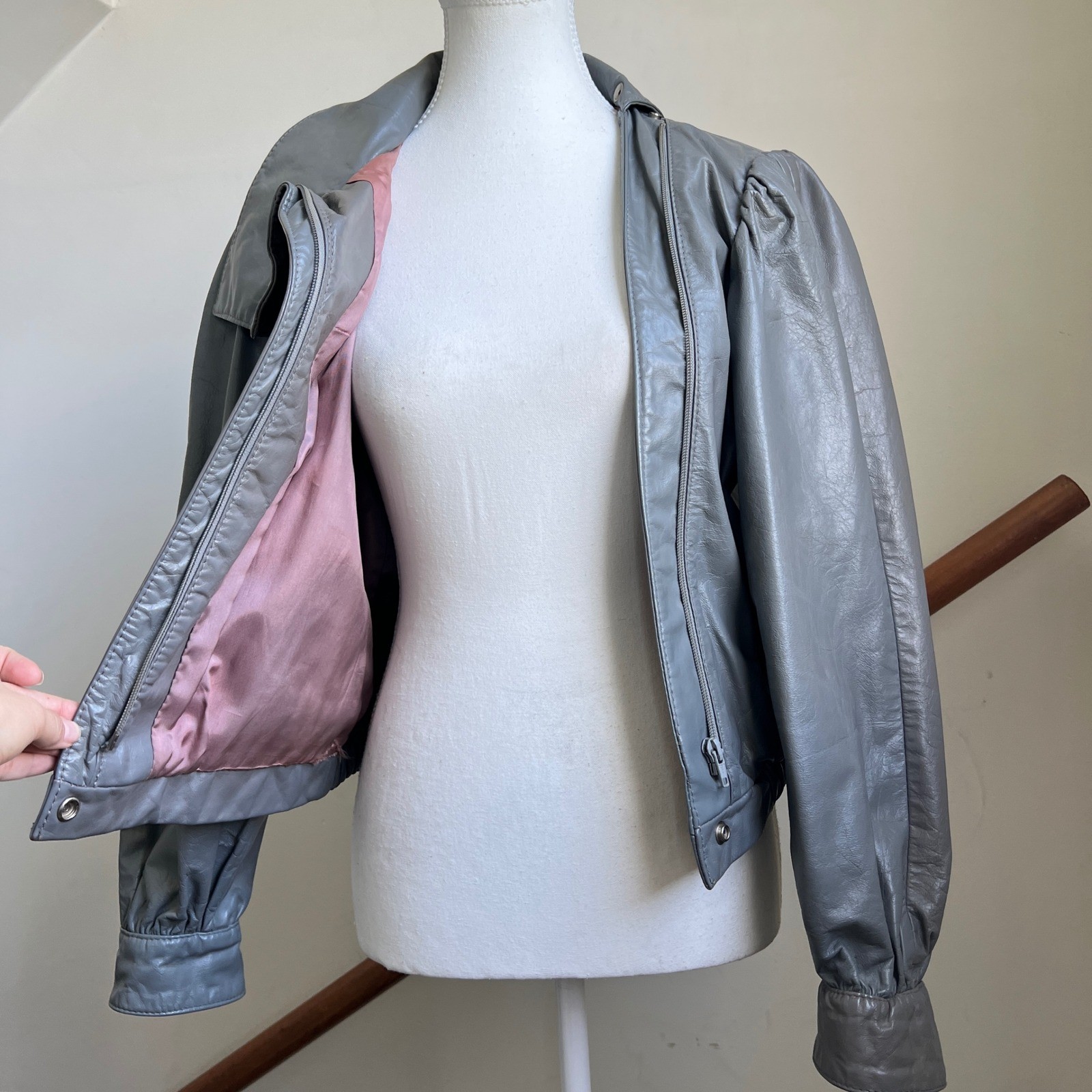 Vintage 80s Leather Jacket Small Gray Stand Collar Funnel Neck Retro Avant Garde