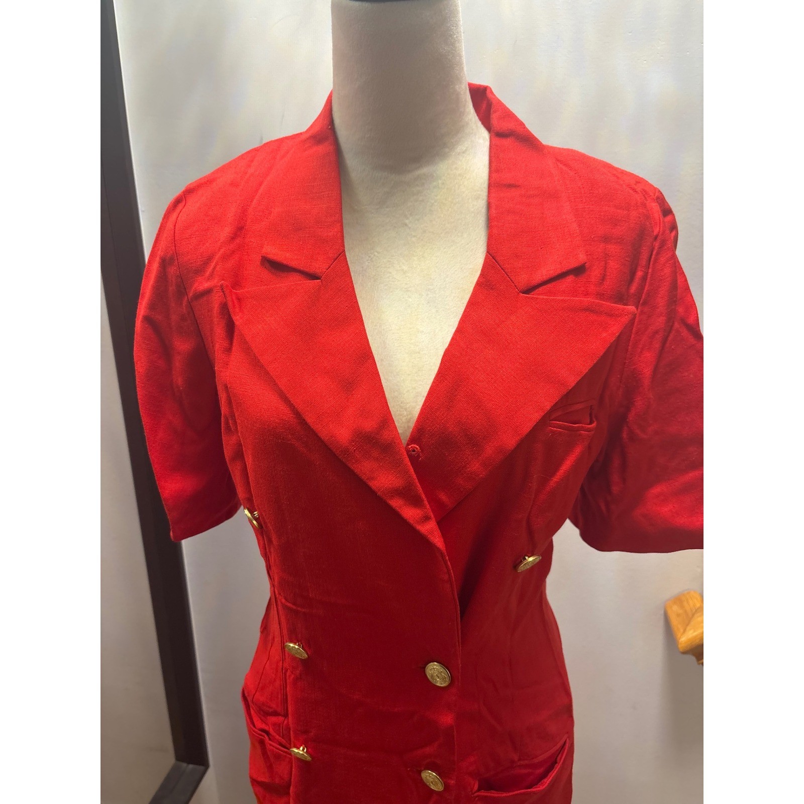 Vintage Red Double Breasted Blazer Dress Women Medium Red Gold Buttons 80s