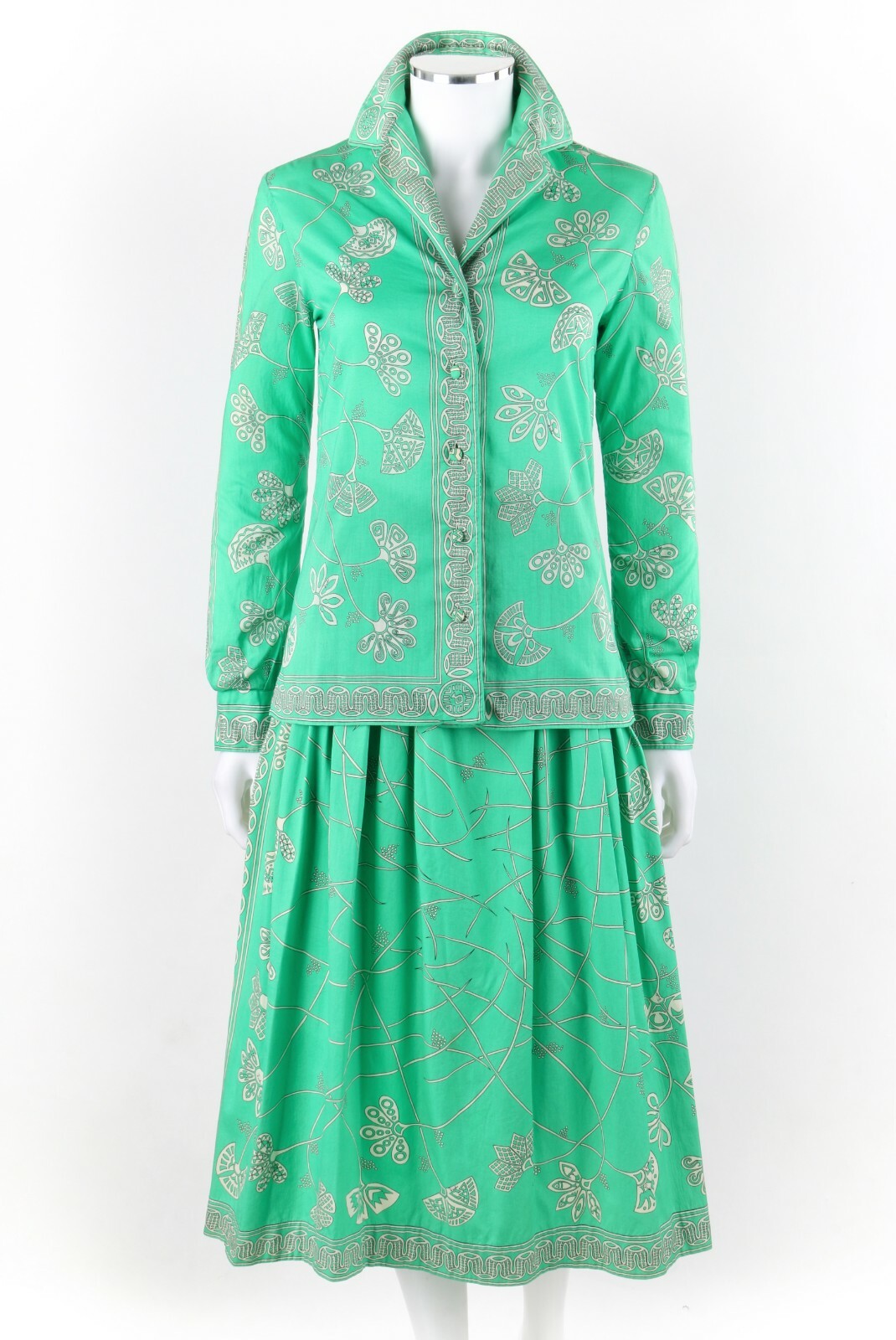 EMILIO PUCCI c.1976 « Chad » Print 2 Pc Green Cotton Shirt Skirt Dress Set