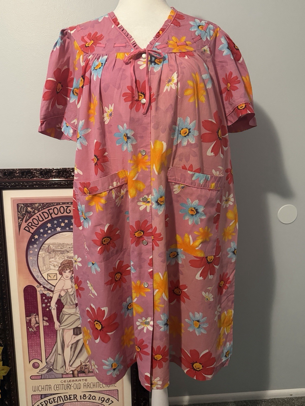 Y2K Moon Dance Retro-Inspired Floral House Dress Housecoat Grandma-Chic Sz L