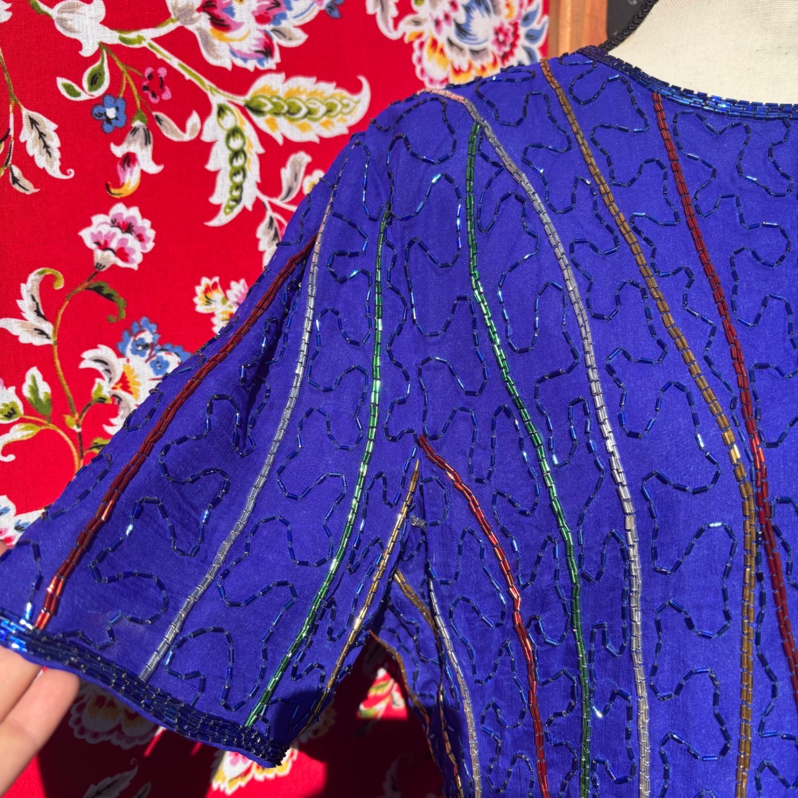 VTG 90&rsquo;s 100% Silk Blue Beaded Multicolor Boho Chic Glam Blouse Women&rsquo;s Size L