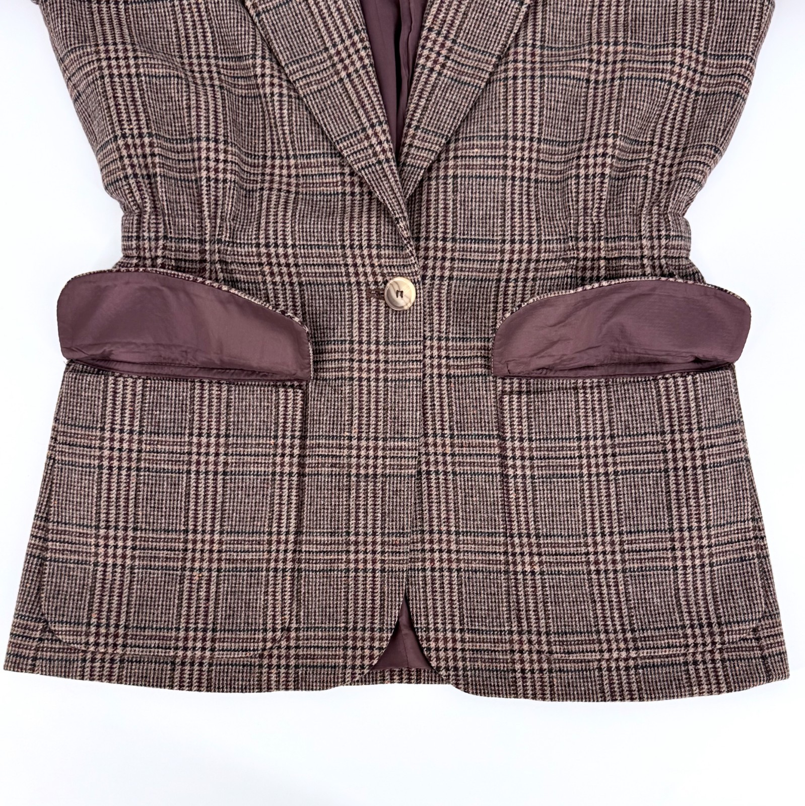 Vintage Toffs 100% Wool Plaid Blazer Jacket Womens 12M Brown Tailored Equestrian