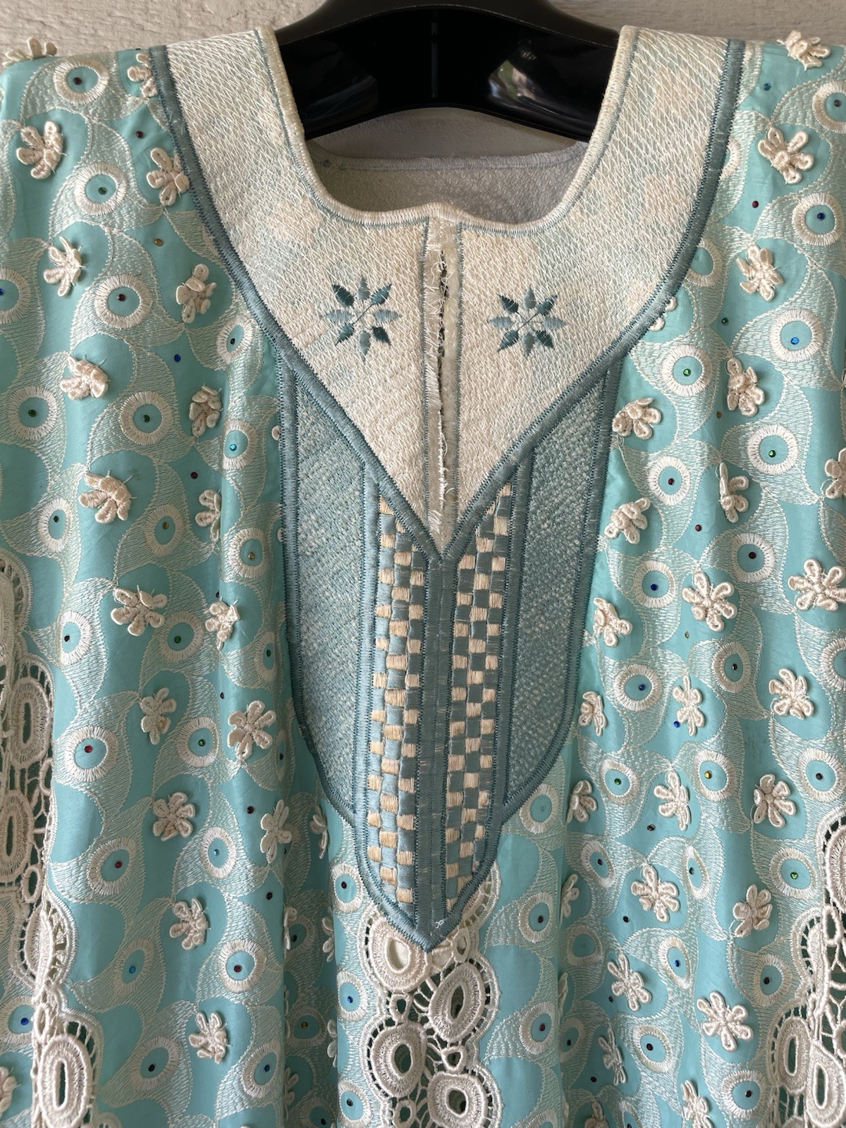 Vintage 1970s Teal Woman’s Floral Embroidery Bedazzled Caftan Dress – Unbranded