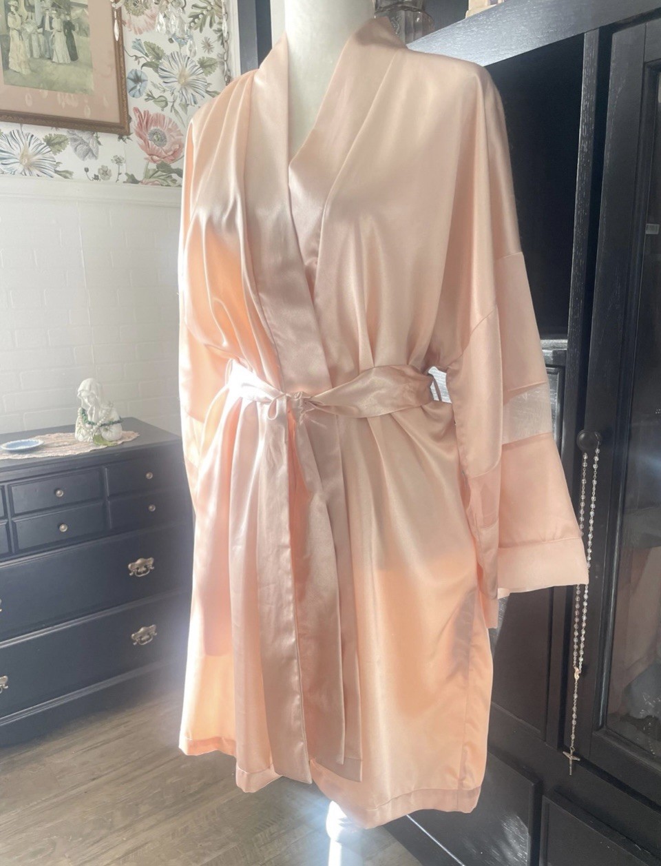 Vintage Valentino Intimo Satiny Soft Robe w Sheer Stripe Arms Peachy Pink Sz L