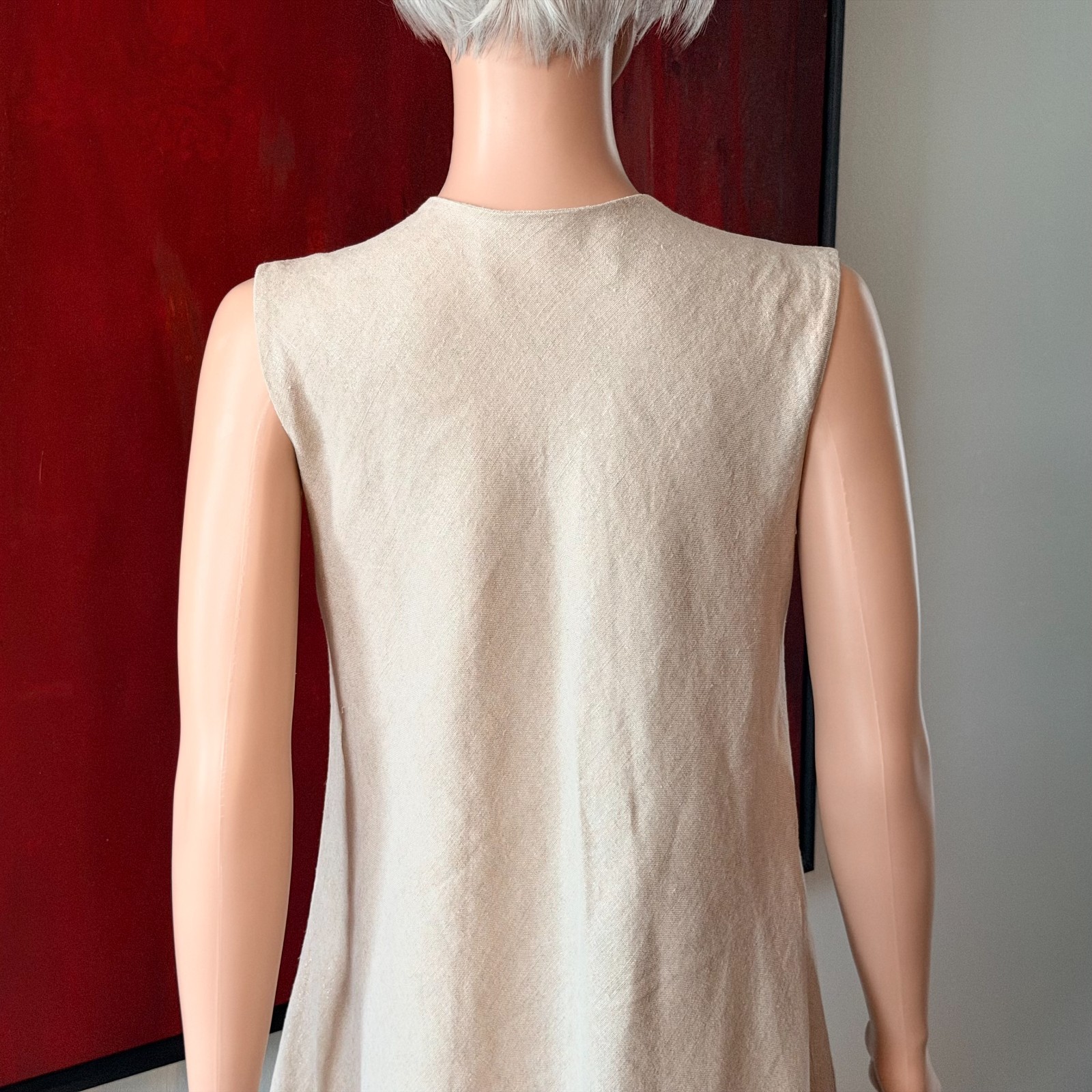 GIANFRANCO FERRE beige asymmetrical flared sleeveless linen dress size 44