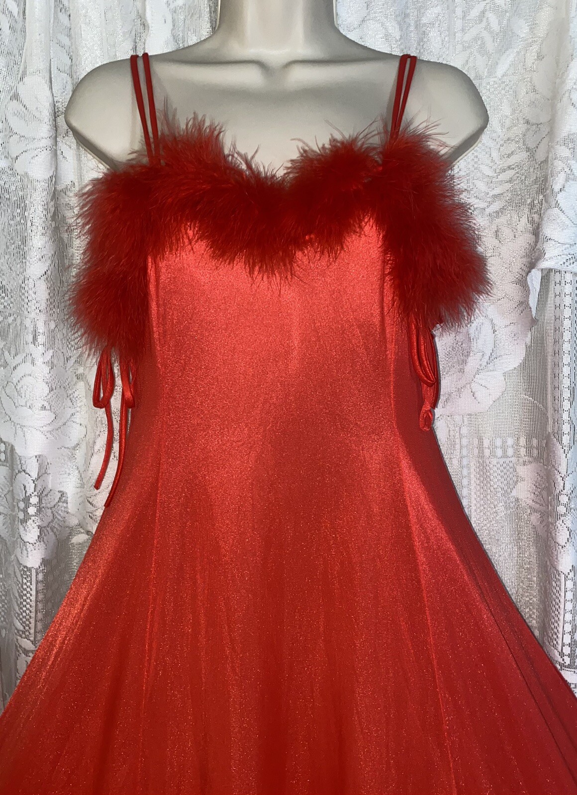 VTG M TRUE RED Nylon Full Sweep Glamour Nightgown Negligee w Real Marabou Trim