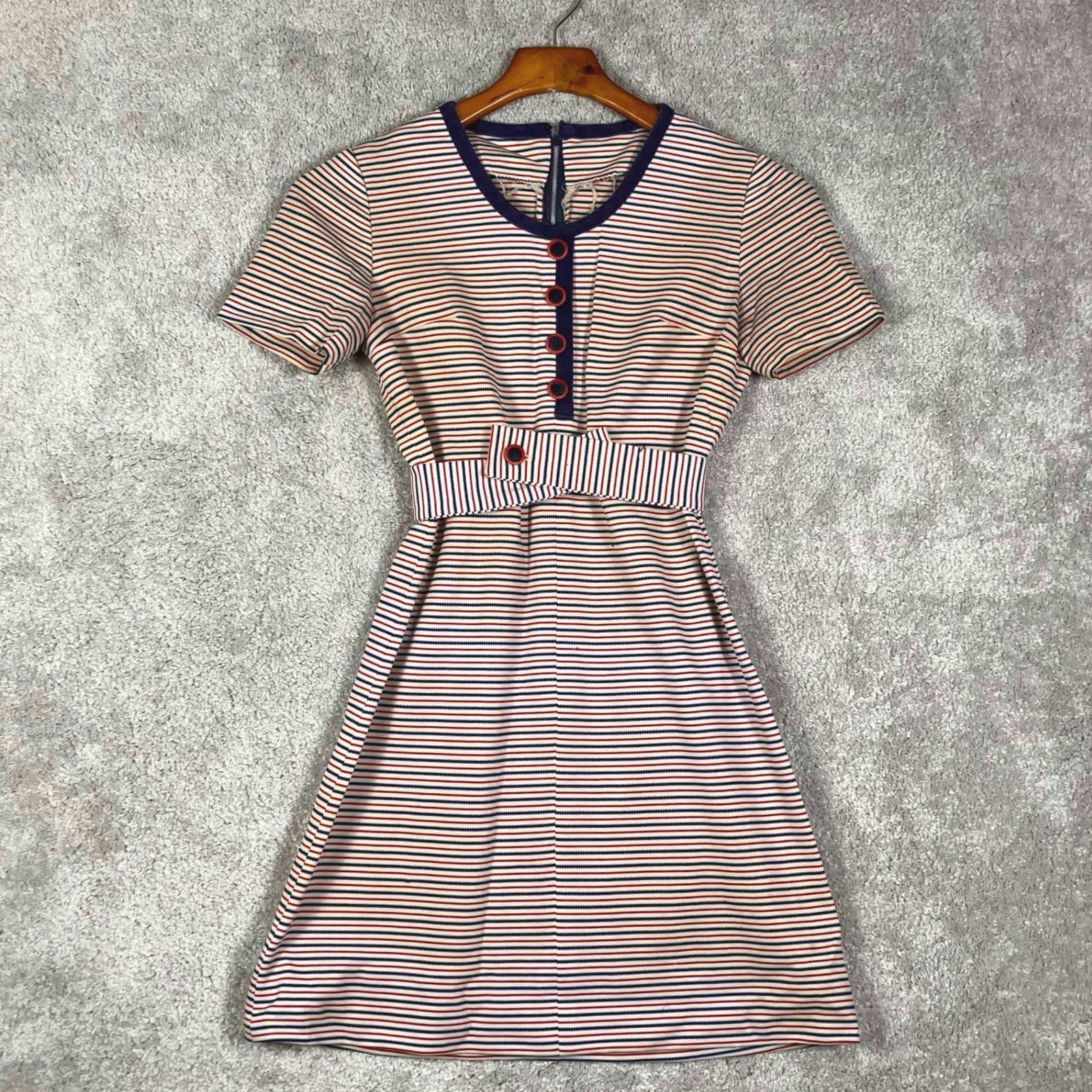 Vintage 60s Striped Mod Mini Dress Red White Blue Short Sleeve Talon Zip USA