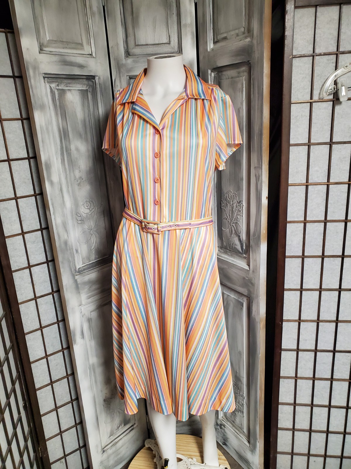 Vtg 70s Pastel Rainbow Dress L STRIPED Stretch Shirtwaist Retro Secretary belted