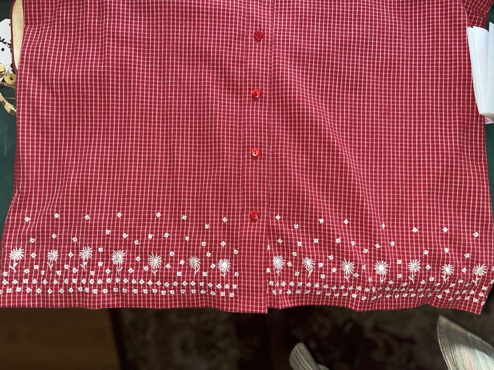 TanJay 18W Red White Gingham Embroidered Button Front Blouse Plus Size Retro