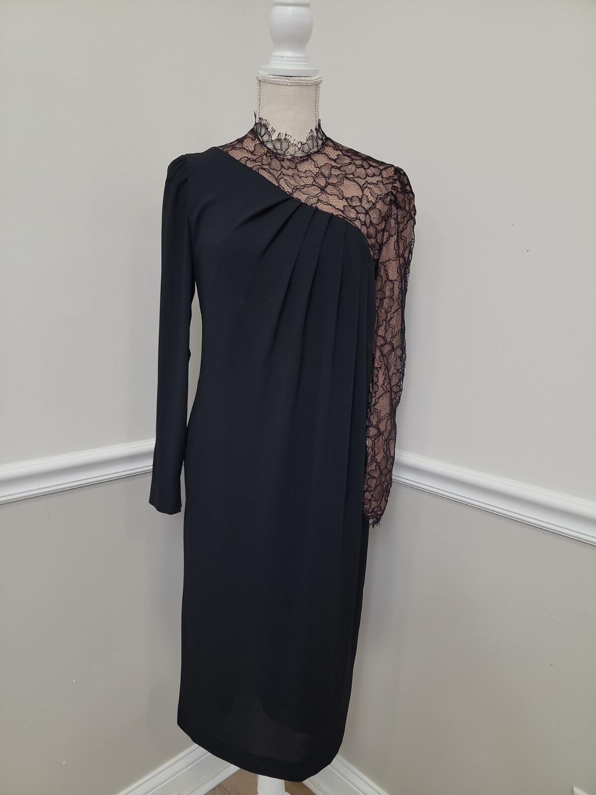 VTG BILL BLASS COLLECTION III Black Cocktail Dress/One Shoulder Lace/Knee Lengt